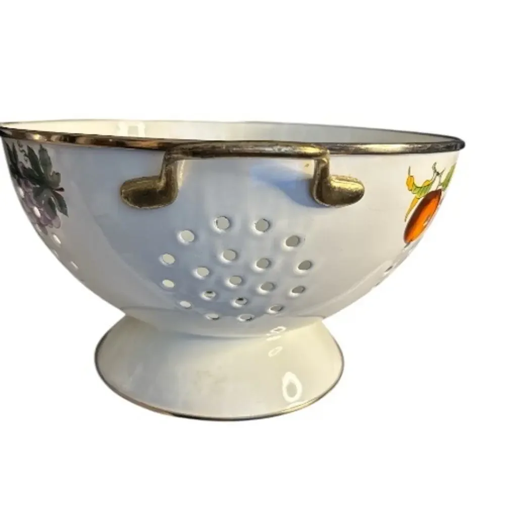 Vintage Porcelain Enamel Lined Fruit Print Colander by Tabletops Unlimited